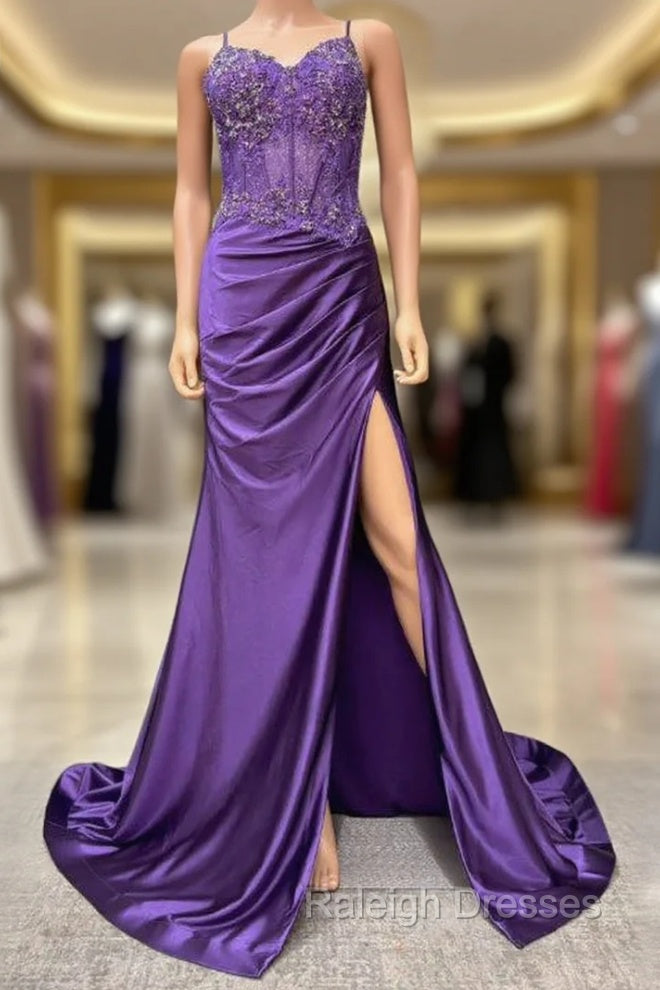 Straps Mermaid Long Prom Dress With Lace Top And Skirt Slit Main image