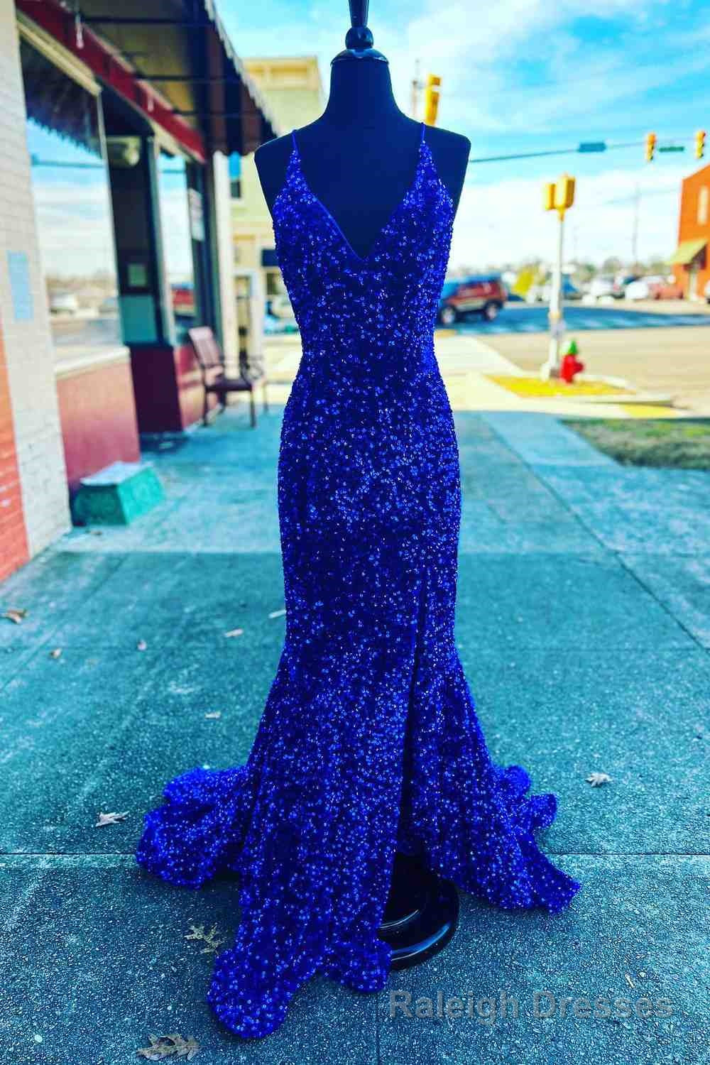 Straps Mermaid Royal Blue Sequins Long Prom Dress with Slit Main image