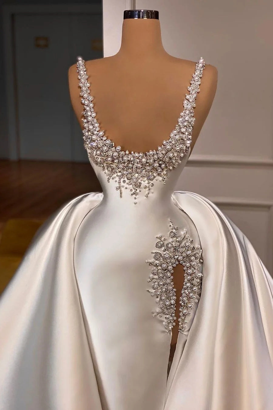 Straps Pearls Beaded Hot Mermaid High Split Wedding Dresses With Overskirt Secondary image