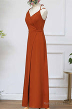 Straps Pumpkin Long Bridesmaid Dresses With Slit
