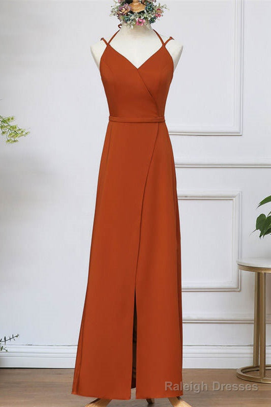 Straps Pumpkin Long Bridesmaid Dresses With Slit Main image