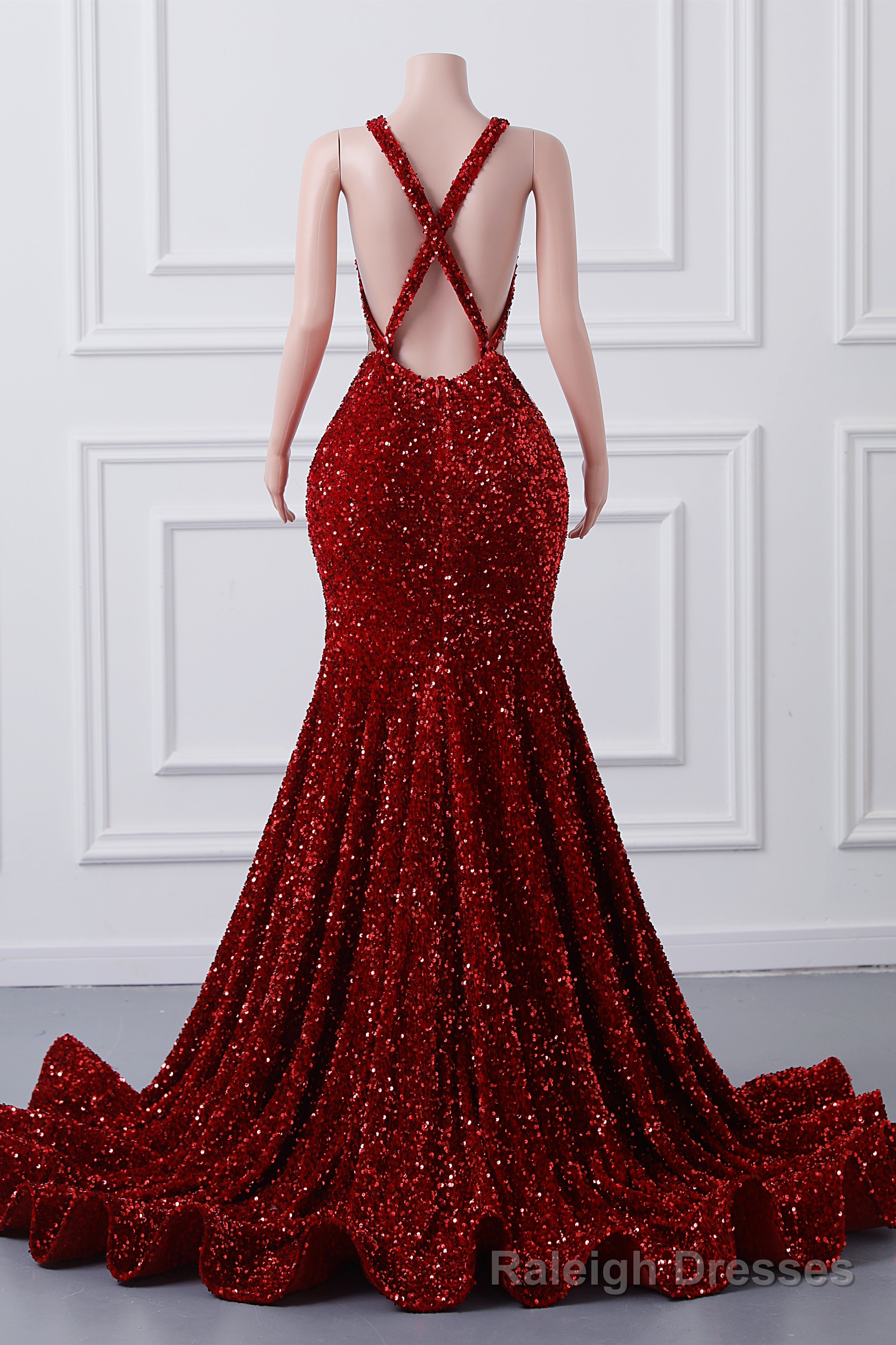 Straps Red Beading Sequin Prom Dresses Mermaid Long Party Dresses