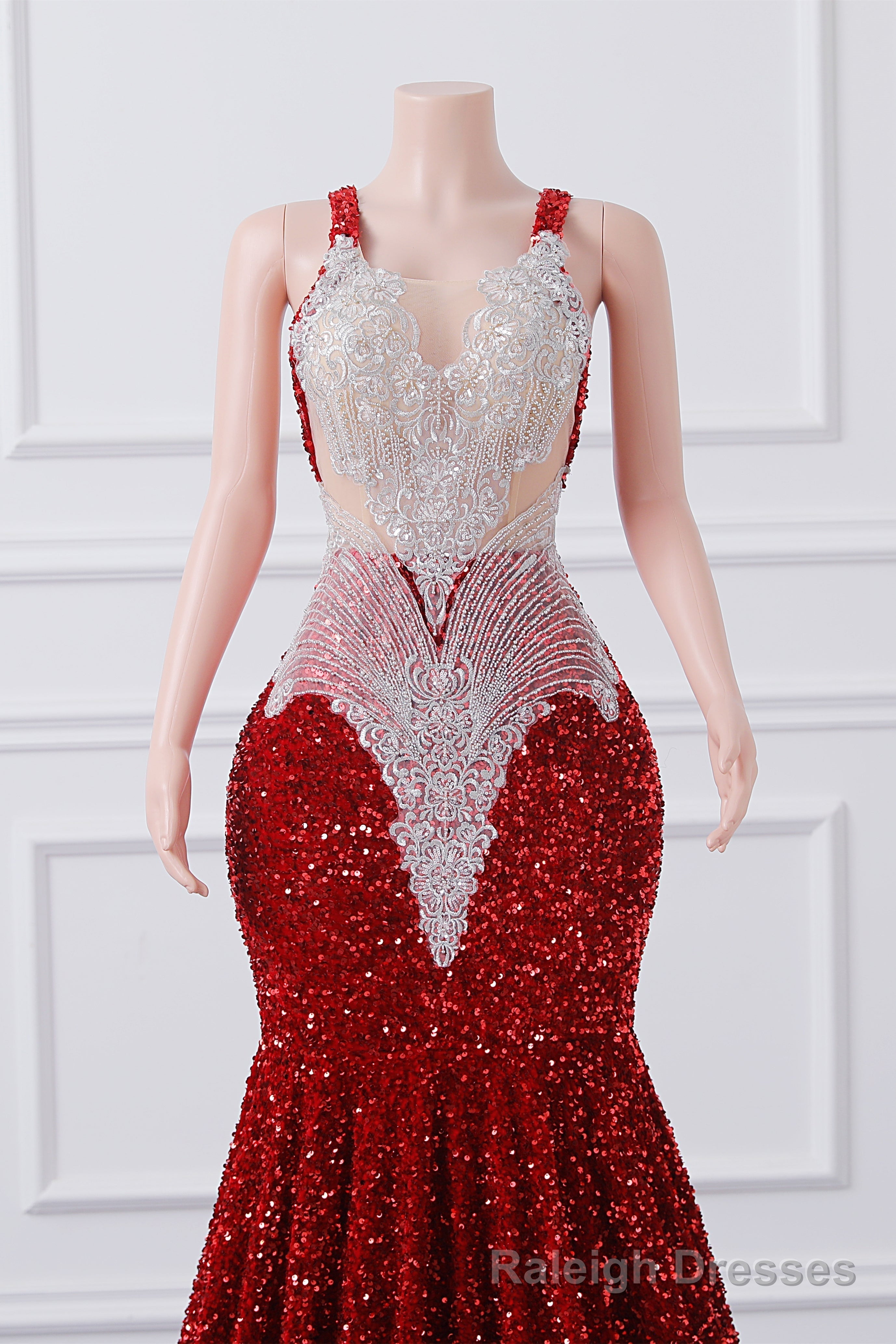 Straps Red Beading Sequin Prom Dresses Mermaid Long Party Dresses