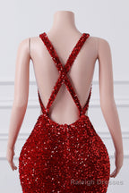 Straps Red Beading Sequin Prom Dresses Mermaid Long Party Dresses