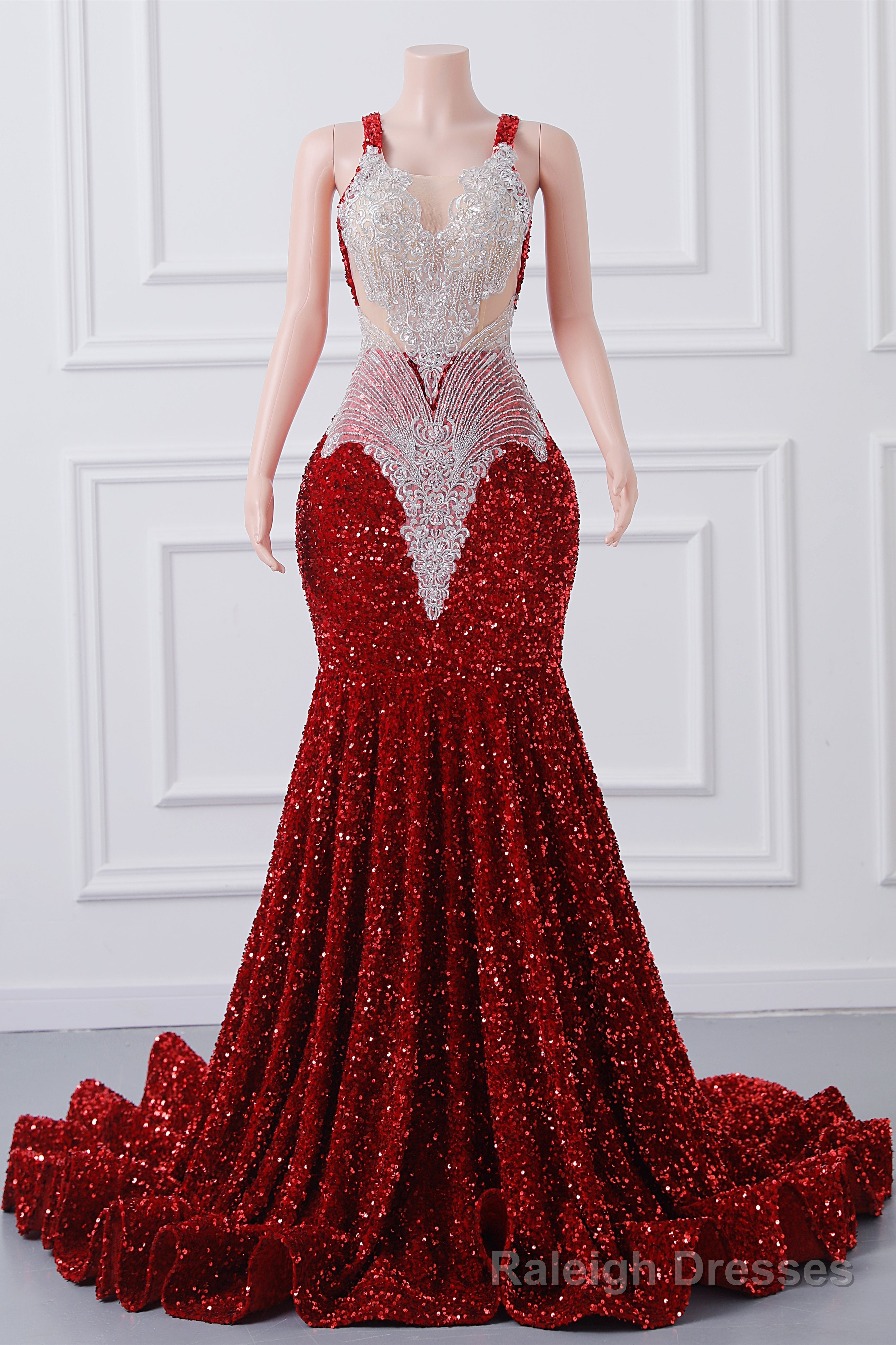 Straps Red Beading Sequin Prom Dresses Mermaid Long Party Dresses