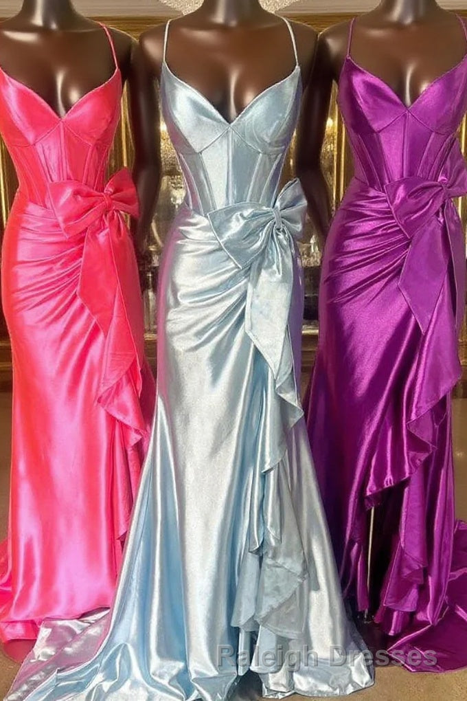 Straps V Neck Satin Mermaid Prom Dresses with Bow