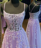 Straps Violet Purple Prom Dress Lace Tulle Long A-Line Dresses