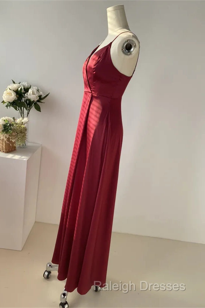 Straps Wine Red Satin Long Bridesmaid Dress Secondary image