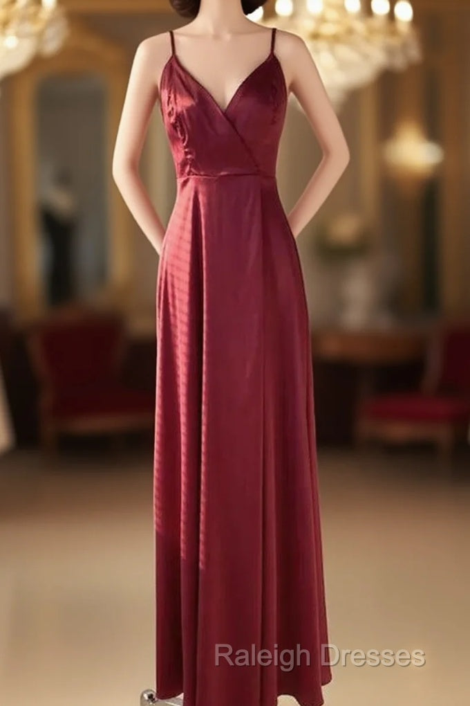 Straps Wine Red Satin Long Bridesmaid Dress Main image