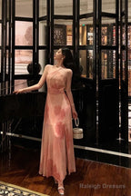 Stunning A Line Halter Sleeveless Pink Floral Date Night Dress Prom Dresses Birthday Party Outfit