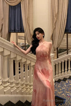 Stunning A Line Halter Sleeveless Pink Floral Date Night Dress Prom Dresses Birthday Party Outfit