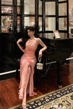 Stunning A Line Halter Sleeveless Pink Floral Date Night Dress Prom Dresses Birthday Party Outfit