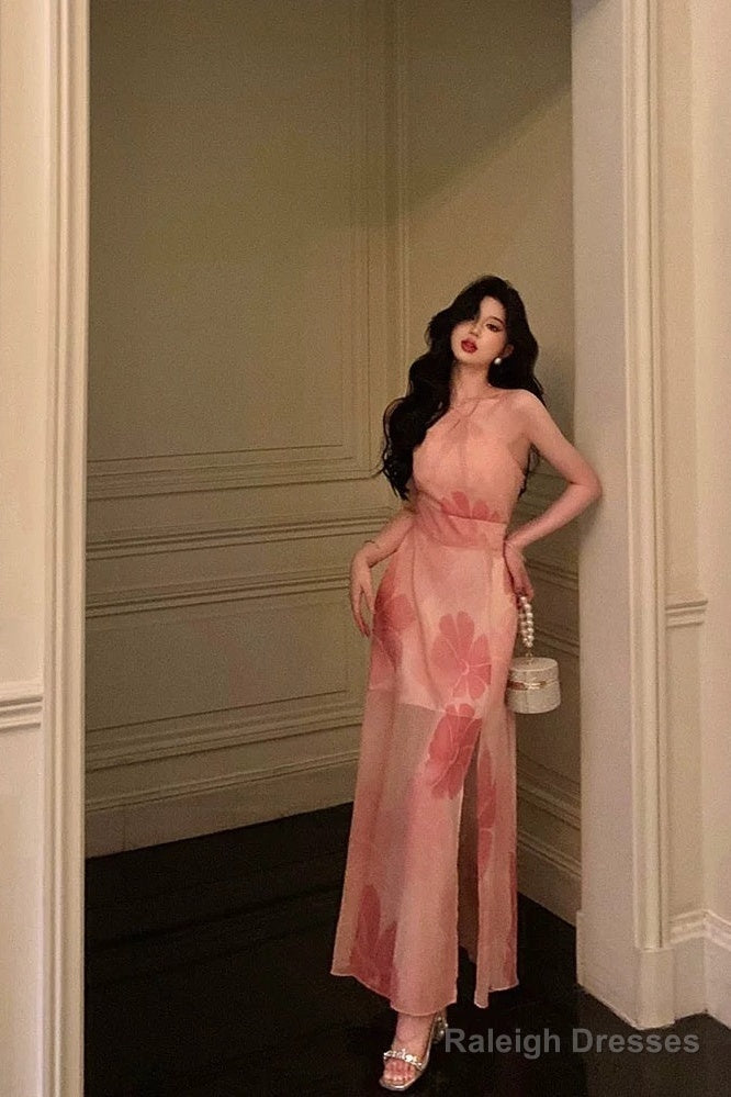 Stunning A Line Halter Sleeveless Pink Floral Date Night Dress Prom Dresses Birthday Party Outfit