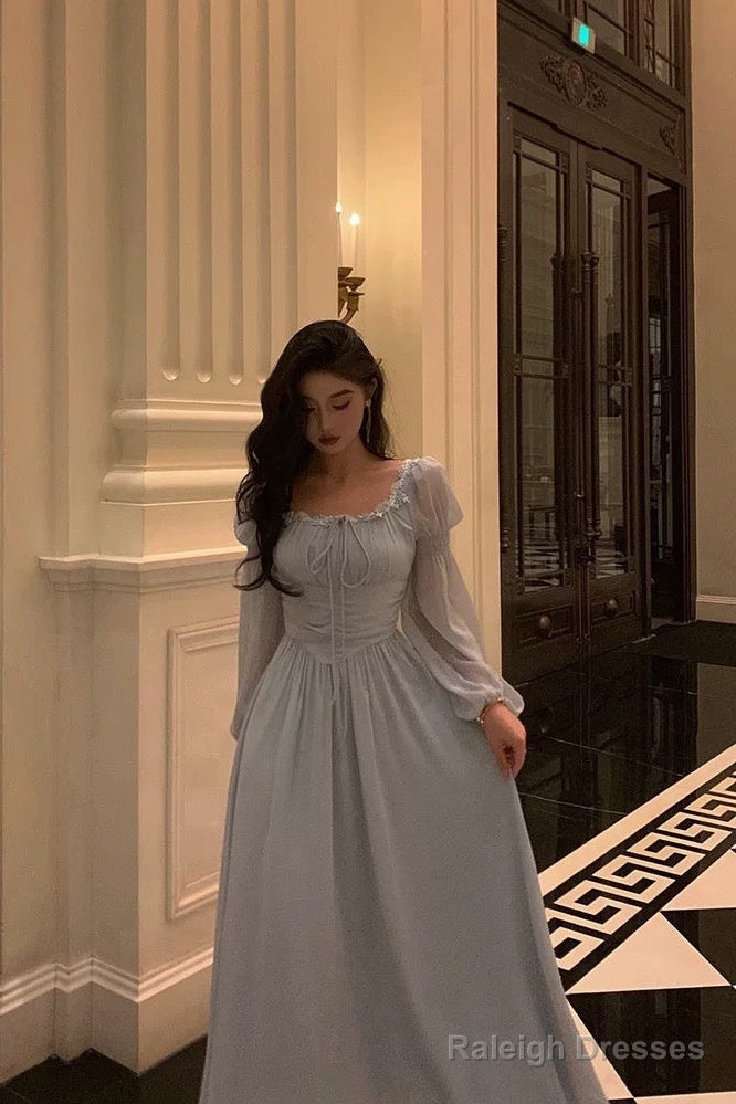 Stunning A Line Square Neckline Long Sleeves Chiffon Blue Date Night Dress Prom Dresses Birthday Party Outfit