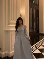 Stunning A-Line Square Neckline Long Sleeves Chiffon Blue Date Night Dresses Prom Dress Birthday Prom Outfit