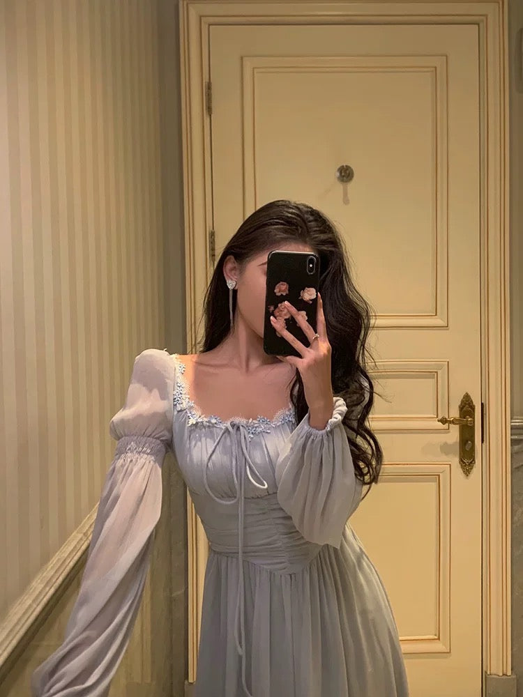 Stunning A-Line Square Neckline Long Sleeves Chiffon Blue Date Night Dresses Prom Dress Birthday Prom Outfit