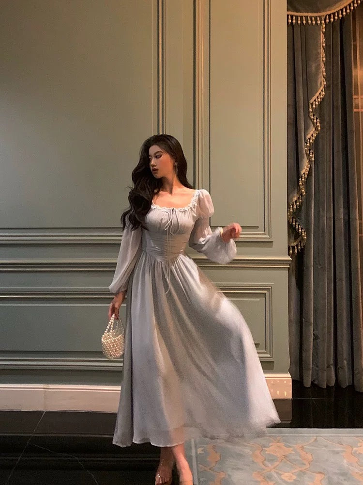 Stunning A-Line Square Neckline Long Sleeves Chiffon Blue Date Night Dresses Prom Dress Birthday Prom Outfit