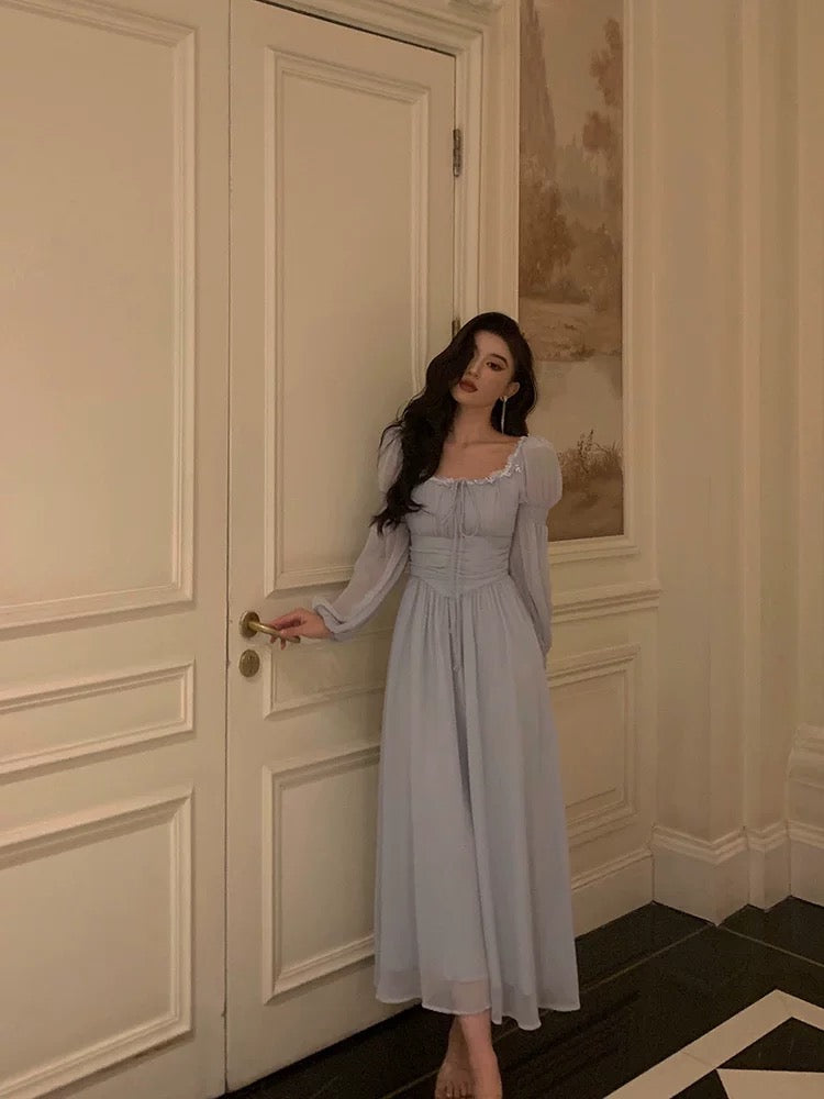 Stunning A-Line Square Neckline Long Sleeves Chiffon Blue Date Night Dresses Prom Dress Birthday Prom Outfit