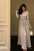 Stunning A Line Square Neckline Long Sleeves Date Night Dress Prom Dresses Birthday Outfit