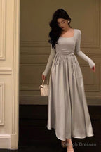 Stunning A Line Square Neckline Long Sleeves Date Night Dress Prom Dresses Birthday Outfit