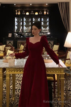 Stunning A Line Square Neckline Long Sleeves Red Velvet Date Night Dress Prom Dresses Birthday Party Outfit
