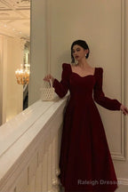 Stunning A Line Square Neckline Long Sleeves Red Velvet Date Night Dress Prom Dresses Birthday Party Outfit