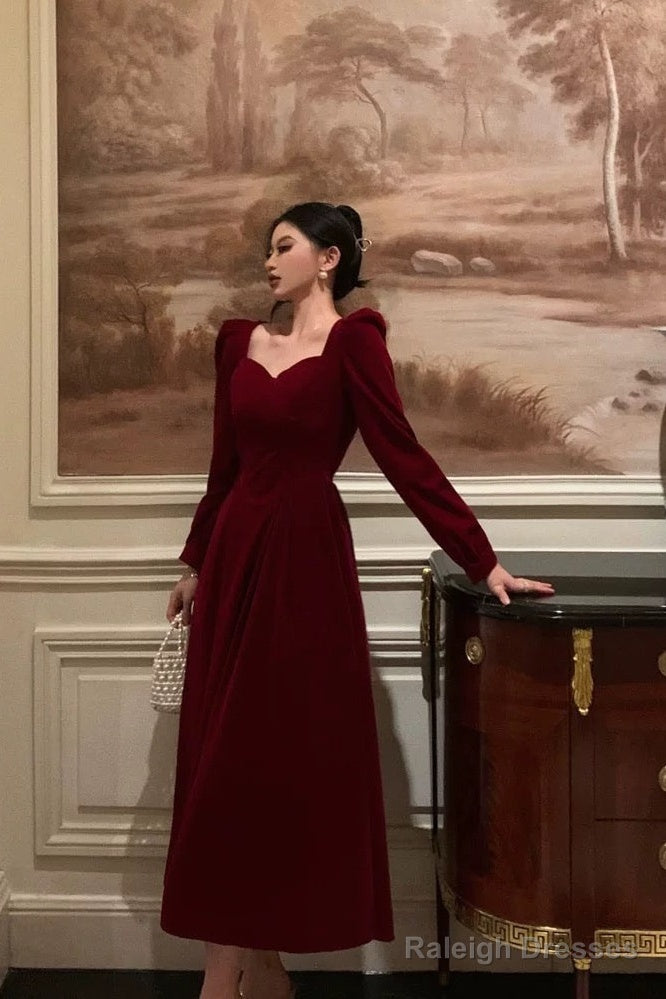 Stunning A Line Square Neckline Long Sleeves Red Velvet Date Night Dress Prom Dresses Birthday Party Outfit