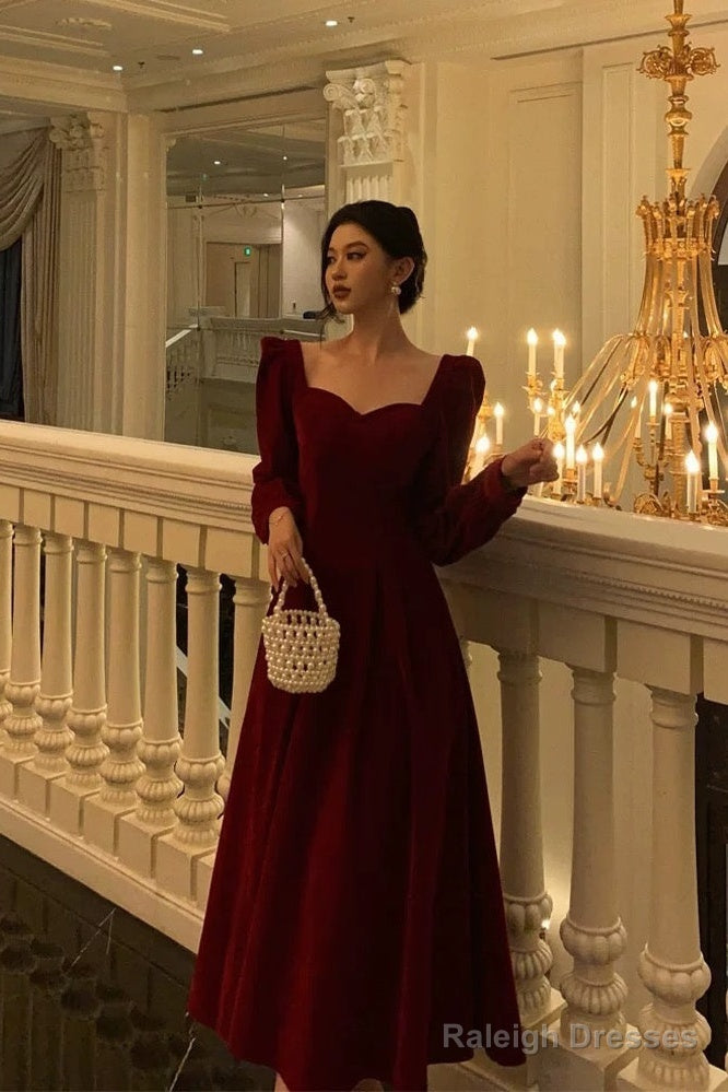 Stunning A Line Square Neckline Long Sleeves Red Velvet Date Night Dress Prom Dresses Birthday Party Outfit