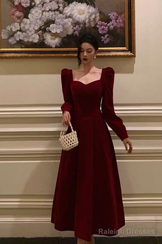 Stunning A Line Square Neckline Long Sleeves Red Velvet Date Night Dress Prom Dresses Birthday Party Outfit