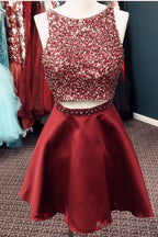 Stunning Beaded Satin Homecoming Dress Two Piece Prom Gown Short