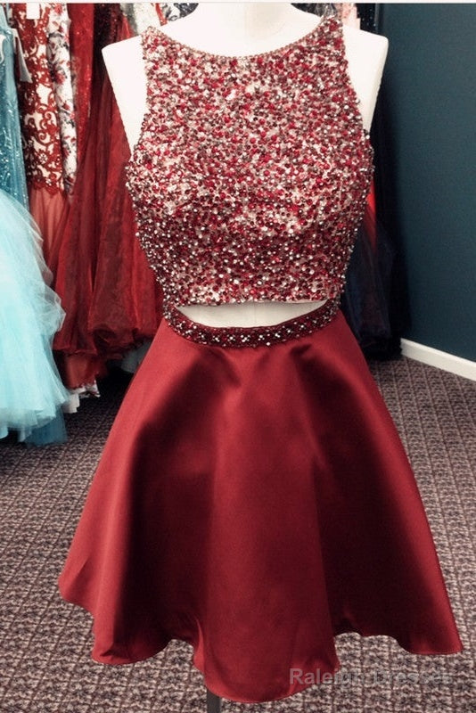 Stunning Beaded Satin Homecoming Dress Two Piece Prom Gown Short