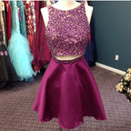 Stunning Beaded Satin Homecoming Dress Two Piece Prom Gown Short