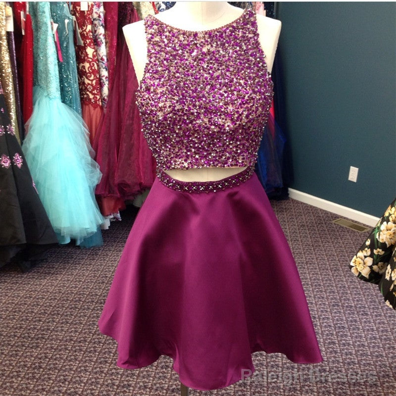 Stunning Beaded Satin Homecoming Dress Two Piece Prom Gown Short