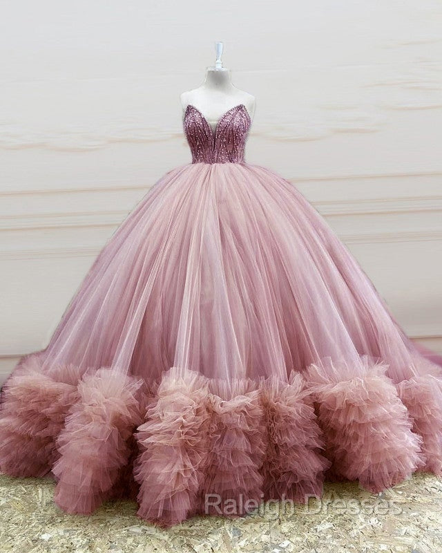 Stunning Beaded Strapless Tulle Ball Gowns Ruffles Dresses