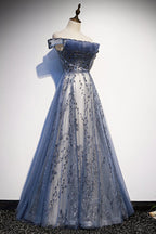 Stunning Blue Tulle Off Shoulder A-Line Long Prom Dresses Prom Dresses With Sleeve