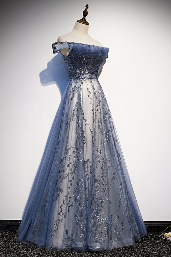 Stunning Blue Tulle Off Shoulder A-Line Long Prom Dresses Prom Dresses With Sleeve