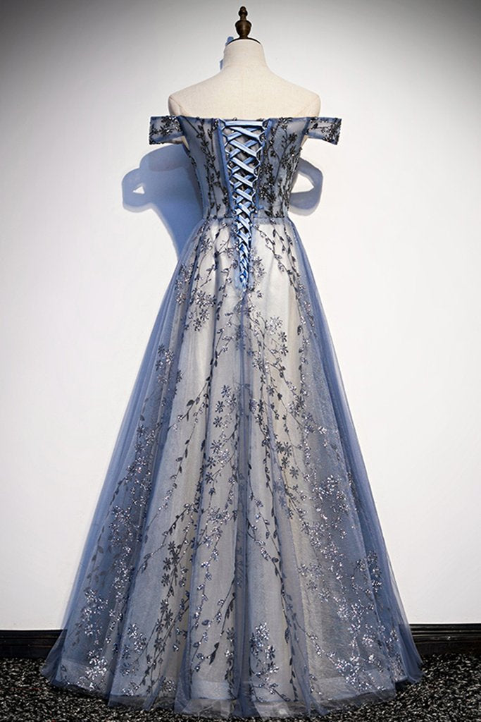 Stunning Blue Tulle Off Shoulder A-Line Long Prom Dresses Prom Dresses With Sleeve