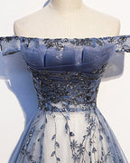 Stunning Blue Tulle Off Shoulder A-Line Long Prom Dresses Prom Dresses With Sleeve