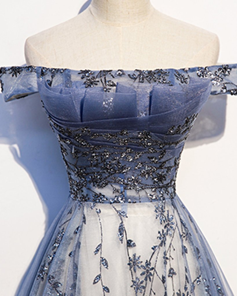 Stunning Blue Tulle Off Shoulder A-Line Long Prom Dresses Prom Dresses With Sleeve