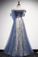 Stunning Blue Tulle Off Shoulder A-Line Long Prom Dresses Prom Dresses With Sleeve