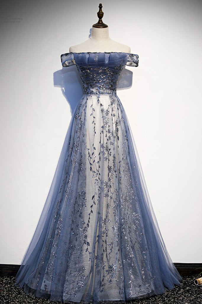 Stunning Blue Tulle Off Shoulder A-Line Long Prom Dresses Prom Dresses With Sleeve
