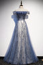 Stunning Blue Tulle Off Shoulder A-Line Long Prom Dresses Prom Dresses With Sleeve
