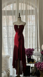 Stunning Burgundy Strapless Chiffon Mermaid Long Prom Dress