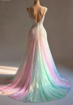 Stunning Colorful V-Neck A-Line Sequined Tulle Long Prom Dress