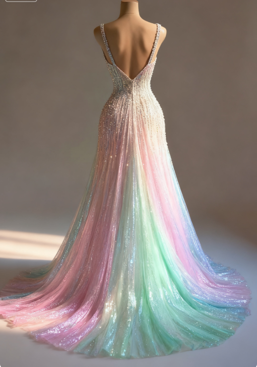 Stunning Colorful V-Neck A-Line Sequined Tulle Long Prom Dress