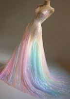 Stunning Colorful V-Neck A-Line Sequined Tulle Long Prom Dress