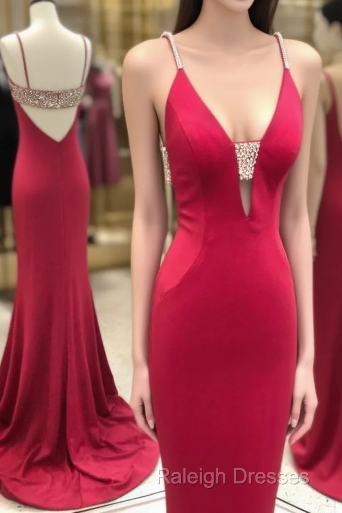 Stunning Elegant Mermaid Sexy Spaghetti Straps Beaded Red Prom Dress,Charming Backless Evening Dress,Dance Dress