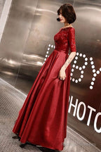 Stunning Evening Dresses Burgundy Half Sleeve Sequin Satin Floor Length Long Prom Gown