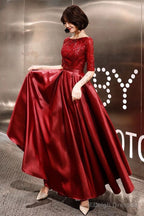 Stunning Evening Dresses Burgundy Half Sleeve Sequin Satin Floor Length Long Prom Gown