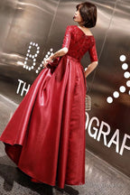 Stunning Evening Dresses Burgundy Half Sleeve Sequin Satin Floor Length Long Prom Gown